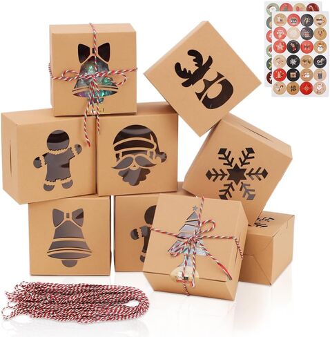 LZYMSZ 48 قطعة من صناديق هدايا عيد الميلاد، صناديق حلوى المخبوزات، صناديق بسكويت صغيرة مع نافذة، صناديق ورقية جيدة للهدايا والحلوى مع 48 قطعة من ملصقات عيد الميلاد، خيط تعبئة صندوق هدايا بطول 40 مترًا in Kuwait