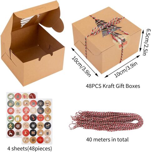 LZYMSZ 48 قطعة من صناديق هدايا عيد الميلاد، صناديق حلوى المخبوزات، صناديق بسكويت صغيرة مع نافذة، صناديق ورقية جيدة للهدايا والحلوى مع 48 قطعة من ملصقات عيد الميلاد، خيط تعبئة صندوق هدايا بطول 40 مترًا in Kuwait