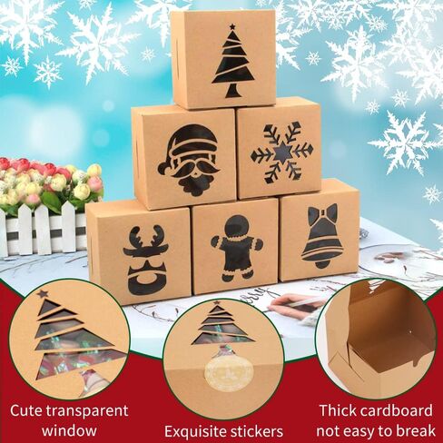 LZYMSZ 48 قطعة من صناديق هدايا عيد الميلاد، صناديق حلوى المخبوزات، صناديق بسكويت صغيرة مع نافذة، صناديق ورقية جيدة للهدايا والحلوى مع 48 قطعة من ملصقات عيد الميلاد، خيط تعبئة صندوق هدايا بطول 40 مترًا in Kuwait