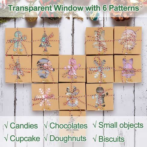 LZYMSZ 48 قطعة من صناديق هدايا عيد الميلاد، صناديق حلوى المخبوزات، صناديق بسكويت صغيرة مع نافذة، صناديق ورقية جيدة للهدايا والحلوى مع 48 قطعة من ملصقات عيد الميلاد، خيط تعبئة صندوق هدايا بطول 40 مترًا in Kuwait