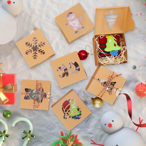 LZYMSZ 48 قطعة من صناديق هدايا عيد الميلاد، صناديق حلوى المخبوزات، صناديق بسكويت صغيرة مع نافذة، صناديق ورقية جيدة للهدايا والحلوى مع 48 قطعة من ملصقات عيد الميلاد، خيط تعبئة صندوق هدايا بطول 40 مترًا in Kuwait
