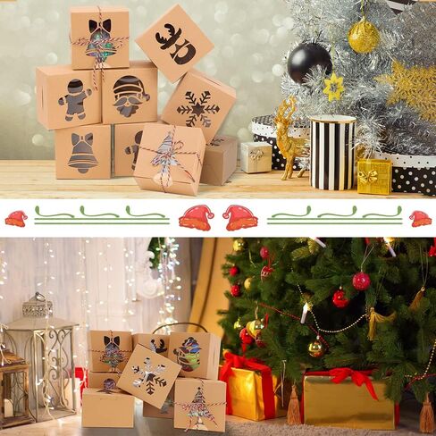 LZYMSZ 48 قطعة من صناديق هدايا عيد الميلاد، صناديق حلوى المخبوزات، صناديق بسكويت صغيرة مع نافذة، صناديق ورقية جيدة للهدايا والحلوى مع 48 قطعة من ملصقات عيد الميلاد، خيط تعبئة صندوق هدايا بطول 40 مترًا in Kuwait