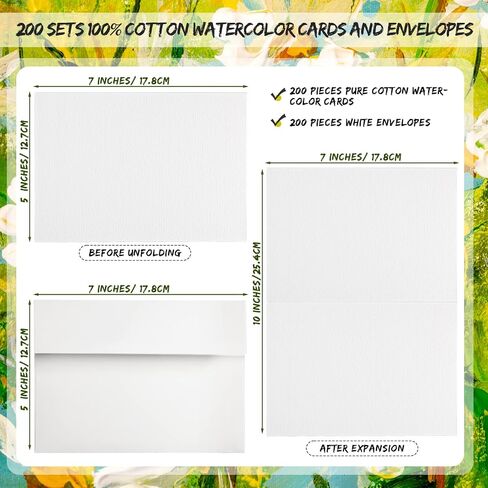 200 Set Pure Cotton Watercolor Cards Set Blank Cotton Watercolor Cards with Envelopes 140lb Heavyweight Paper Watercolor Postcards for Art Painting Creative Thank Note (Foldable, 5 x 7 Inch) in Saudi Arabia