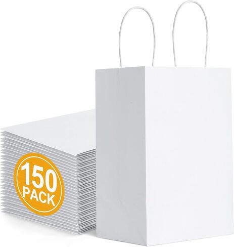 BagDream 150 حزمة أكياس الهدايا الصغيرة السائبة 5.25x3.75x8 بوصة أكياس الهدايا الورقية الطبيعية مع مقابض التسوق البضائع التجزئة الأعمال بالجملة عيد ميلاد تفضل أكياس أكياس الورق البني in Kuwait