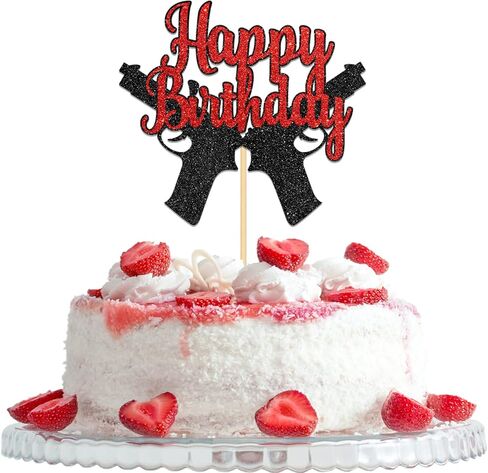 Gun Happy Birthday Cake Topper, Gun Pistol Shooting Theme Party Cake Decorations for Men Women Kids Boys Girls, Target Sign Birthday Party Supplies, Red ＆Black Glitter in Kuwait