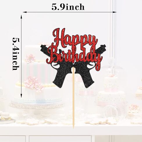 Gun Happy Birthday Cake Topper, Gun Pistol Shooting Theme Party Cake Decorations for Men Women Kids Boys Girls, Target Sign Birthday Party Supplies, Red ＆Black Glitter in Kuwait