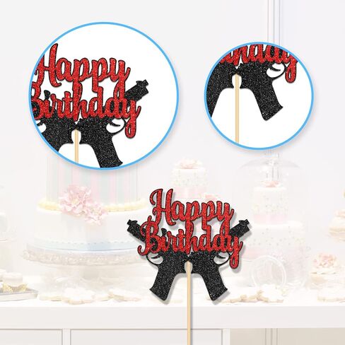 Gun Happy Birthday Cake Topper, Gun Pistol Shooting Theme Party Cake Decorations for Men Women Kids Boys Girls, Target Sign Birthday Party Supplies, Red ＆Black Glitter in Kuwait
