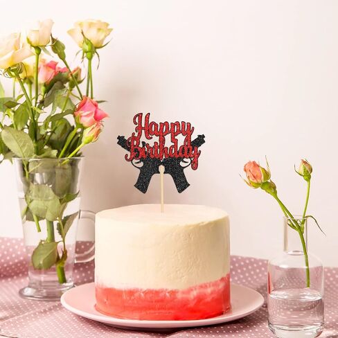 Gun Happy Birthday Cake Topper, Gun Pistol Shooting Theme Party Cake Decorations for Men Women Kids Boys Girls, Target Sign Birthday Party Supplies, Red ＆Black Glitter in Kuwait
