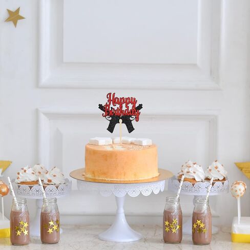 Gun Happy Birthday Cake Topper, Gun Pistol Shooting Theme Party Cake Decorations for Men Women Kids Boys Girls, Target Sign Birthday Party Supplies, Red ＆Black Glitter in Kuwait