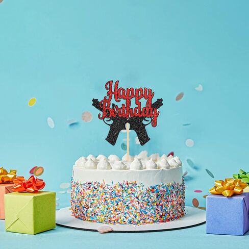 Gun Happy Birthday Cake Topper, Gun Pistol Shooting Theme Party Cake Decorations for Men Women Kids Boys Girls, Target Sign Birthday Party Supplies, Red ＆Black Glitter in Kuwait