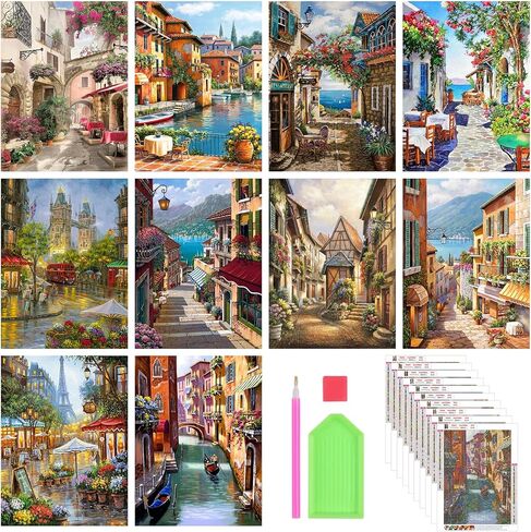 Stalente Diamond Painting Kits for Adults, 10 Pack 5D Diamond Art Kits for Beginners Round Full Drill Diamond Painting for Home Wall Decoration Gift 12×16inch, Street Landscape in Kuwait