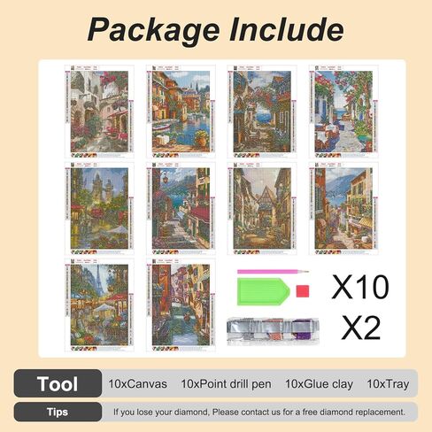 Stalente Diamond Painting Kits for Adults, 10 Pack 5D Diamond Art Kits for Beginners Round Full Drill Diamond Painting for Home Wall Decoration Gift 12×16inch, Street Landscape in Kuwait