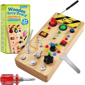 TenFans Wooden Montessori Busy Board with LED Light Switch and Screwdriver Tools - Sensory Toy for Toddlers 3+ Year Old Boys - Travel Activity and Educational Learning Toy Improves Fine Motor Skills
