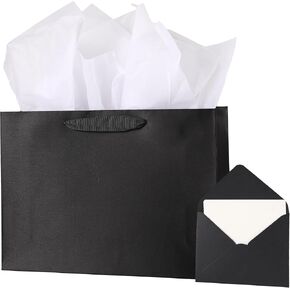 jabberwpacking 13.8" Large Black Premium Gift Bag with Tissue Paper and Card (Silk Paper Gift Bag) for Men Birthday Party Favor