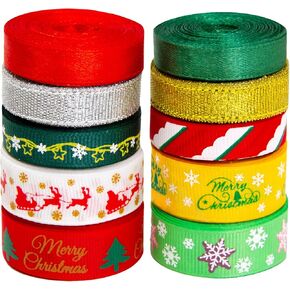 Christmas Ribbons for Gifts Wrapping 10 Rolls Grosgrain Ribbons for Christmas Tree Holiday Polyester Satin Craft Ribbon Christmas DIY Decoration in Kuwait