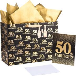LeZakaa 16" Large Gift Bag with Tissue Paper, Gift Tag and Card,50 & Fabulous Lettering with Metallic Gold Foil on Black for Anniversary, Birthday in Kuwait