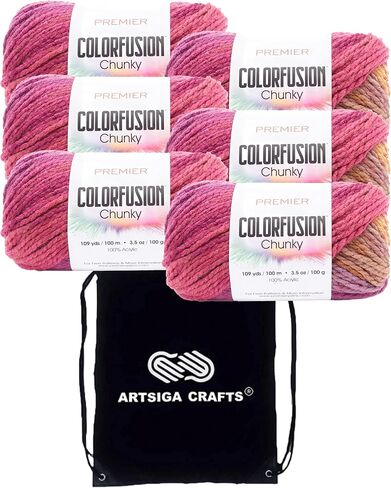 Premier Yarns Colorfusion Chunky Berries & Cream 1174-12 (3-Skein) نفس خيوط الحياكة الناعمة من Dyelot Chunky Bulky #5 حزمة أكريليك 100% مع حقيبة واحدة من Artsiga in Kuwait