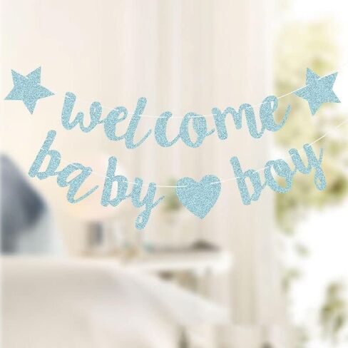 كونجوون لافتة حفلات بعبارة Welcome Baby Boy، لافتة ورقية لامعة باللون الازرق والذهبي لحفلات استقبال المولود الجديد، هدايا تزيين حفلات الاولاد (أزرق) in Kuwait
