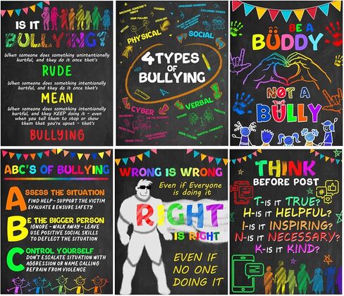 Ulmisfee 6 Pieces Anti Bullying Poster Kit, Classroom Decor, Counselor Office Decor, Educational Classroom Decor,No Bullying Prevention Poster School Office Art in Kuwait
