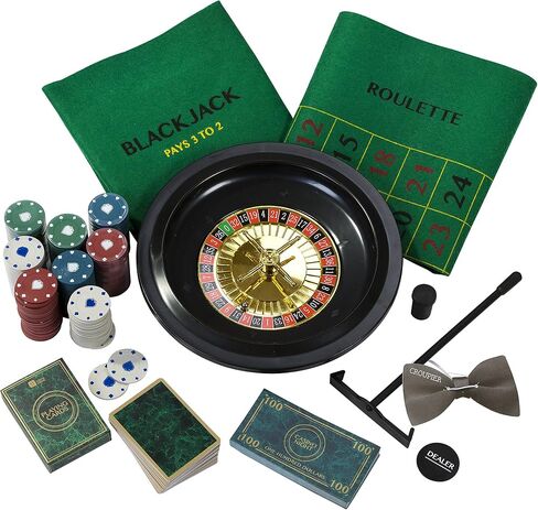 مجموعة ألعاب Talking Tables Casino Night - لعب البوكر، والبلاك جاك، والروليت - مجموعة قمار للبالغين، هدايا له - تحتوي على حصيرة ألعاب، ورقائق، وأموال لعب، وكرات، وأوراق لعب (Host-Casino-V2) in Saudi Arabia