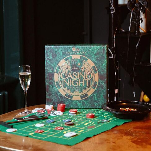 مجموعة ألعاب Talking Tables Casino Night - لعب البوكر، والبلاك جاك، والروليت - مجموعة قمار للبالغين، هدايا له - تحتوي على حصيرة ألعاب، ورقائق، وأموال لعب، وكرات، وأوراق لعب (Host-Casino-V2) in Saudi Arabia
