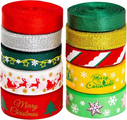 10 Rolls Christmas Ribbons for Gifts Wrapping Christmas Decoration Grosgrain Ribbons for Christmas Tree Holiday Craft Party Ribbon Christmas DIY Decoration in Kuwait