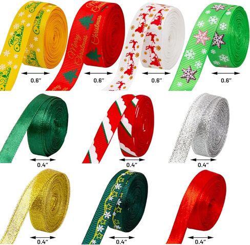 10 Rolls Christmas Ribbons for Gifts Wrapping Christmas Decoration Grosgrain Ribbons for Christmas Tree Holiday Craft Party Ribbon Christmas DIY Decoration in Kuwait