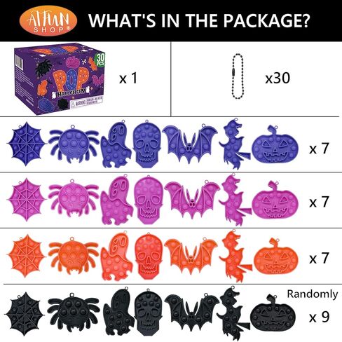 30 حزمة من ألعاب الهالوين الحسية الململة مع سلسلة مفاتيح هدايا حفلات الهالوين للأطفال الأولاد والبنات ألعاب فقاعات الدفع للهالوين بكميات كبيرة من السيليكون لتخفيف التوتر in Kuwait