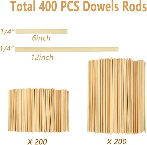 Acrux7 400Pcs Wooden Dowel Rods 1/4 x 6 Inch & 12 Inch Unfinished Dowel Rods Round Wood Sticks Natural Wood Dowels Bulk Dowels Rods for Craft DIY Plant Flower Cake (Each Size 200Pcs) in Saudi Arabia