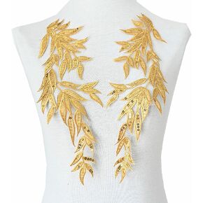 White Gold Leaf Leaves Lace Patches Fabric Sequin Embroidered Party Gown Appliques Collar Sew Patch for DIY Wedding Decoration Dress Decor (Gold)