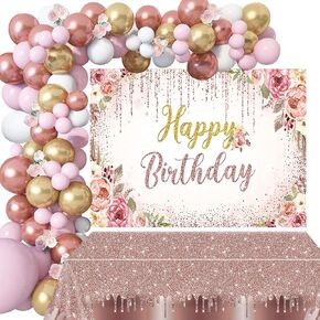 Floral Happy Birthday Decorations Women, 142PCS Burgundy Flower Birthday Party Supplies Including Happy Birthday Backdrop, Balloon Arch/ Garland Kit, Birthday Tabblecloth for Girls
