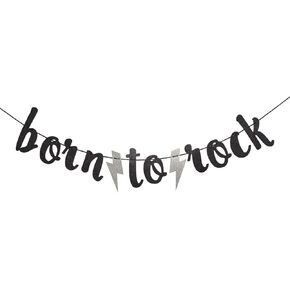 Born to Rock Glitter Banner for Rock Birthday Party Decorations (Black)