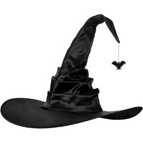 Women Halloween Witch Hat Black Pleated Wizard Hat Spider Bat Pendant Top Hat for Halloween Party Cosplay Fancy Dress Costume