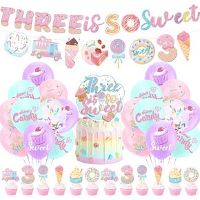 Sweet Candy Birthday Party Decorations Glitter Sweet Banner Ice Cream and Donut Cupcake Toppers Confetti Lollipop Pattern Balloons for Girl Birthday Donut Ice Cream Party (Four Ever Sweet)