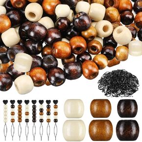 Dingion 1055 Pieces Wooden Hair Beads Set - 600 Barrel Wood Beads (9x10mm, 11x12mm, Black, Coffee, Light Coffee) & 450 Black Elastic Hair Bands with 5 Quick Beaders in Kuwait