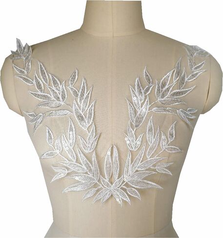 White Gold Leaf Leaves Lace Patches Fabric Sequin Embroidered Party Gown Appliques Collar Sew Patch for DIY Wedding Decoration Dress Decor (White) in Kuwait