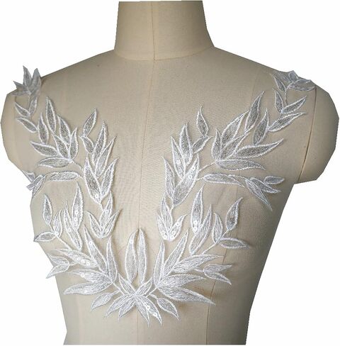 White Gold Leaf Leaves Lace Patches Fabric Sequin Embroidered Party Gown Appliques Collar Sew Patch for DIY Wedding Decoration Dress Decor (White) in Kuwait