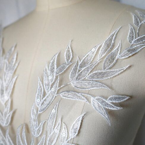 White Gold Leaf Leaves Lace Patches Fabric Sequin Embroidered Party Gown Appliques Collar Sew Patch for DIY Wedding Decoration Dress Decor (White) in Kuwait