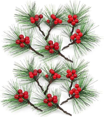 24pcs Artificial Red Berry Holly Stems Pine Cones Branches Picks, Christmas Pine Spray Stems Fake Red Berry Wreath Picks Mini Flocked Holly for Christmas Tree Crafts Holiday Decor in Saudi Arabia
