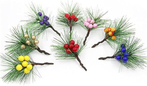 24pcs Artificial Red Berry Holly Stems Pine Cones Branches Picks, Christmas Pine Spray Stems Fake Red Berry Wreath Picks Mini Flocked Holly for Christmas Tree Crafts Holiday Decor in Saudi Arabia