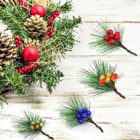 24pcs Artificial Red Berry Holly Stems Pine Cones Branches Picks, Christmas Pine Spray Stems Fake Red Berry Wreath Picks Mini Flocked Holly for Christmas Tree Crafts Holiday Decor in Saudi Arabia
