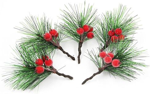 24pcs Artificial Red Berry Holly Stems Pine Cones Branches Picks, Christmas Pine Spray Stems Fake Red Berry Wreath Picks Mini Flocked Holly for Christmas Tree Crafts Holiday Decor in Saudi Arabia