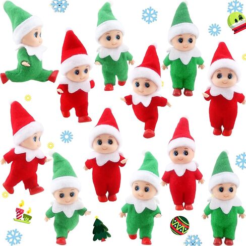 Cagemoga 12 Pieces Christmas Elf Dolls Xmas Mini Tiny Miniature Small Plush Colorful Elf Baby Dolls for Christmas Holiday New Year Party Decoration Supplies Gifts, 2 Colors in Kuwait