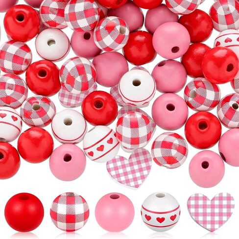 200 Pieces Valentine's Day Wood Beads Pink White Wood Hearts Beads 0.63 Inch Colorful Plaid Wooden Round Beads Natural Rustic Beads Wooden Round Ball for DIY Crafts Garland Party Supplies Decoration in Saudi Arabia