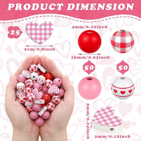 200 Pieces Valentine's Day Wood Beads Pink White Wood Hearts Beads 0.63 Inch Colorful Plaid Wooden Round Beads Natural Rustic Beads Wooden Round Ball for DIY Crafts Garland Party Supplies Decoration in Saudi Arabia