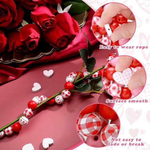 200 Pieces Valentine's Day Wood Beads Pink White Wood Hearts Beads 0.63 Inch Colorful Plaid Wooden Round Beads Natural Rustic Beads Wooden Round Ball for DIY Crafts Garland Party Supplies Decoration in Saudi Arabia
