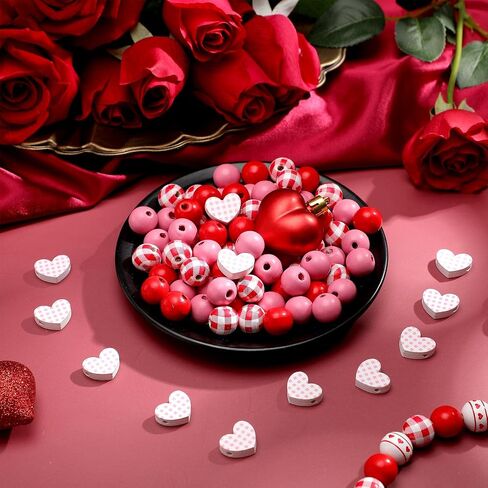 200 Pieces Valentine's Day Wood Beads Pink White Wood Hearts Beads 0.63 Inch Colorful Plaid Wooden Round Beads Natural Rustic Beads Wooden Round Ball for DIY Crafts Garland Party Supplies Decoration in Saudi Arabia