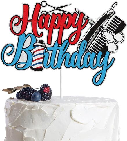 Barber Shop Happy Birthday Cake Topper Blue Red Glittery Hairstylist Haircut Barbershop Cake Decor Hairdresser Cosmetologist Salon Birthday Party Supplies in Saudi Arabia