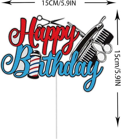 Barber Shop Happy Birthday Cake Topper Blue Red Glittery Hairstylist Haircut Barbershop Cake Decor Hairdresser Cosmetologist Salon Birthday Party Supplies in Saudi Arabia