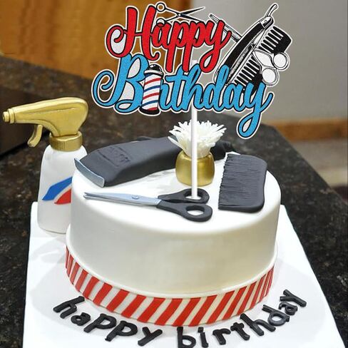 Barber Shop Happy Birthday Cake Topper Blue Red Glittery Hairstylist Haircut Barbershop Cake Decor Hairdresser Cosmetologist Salon Birthday Party Supplies in Saudi Arabia